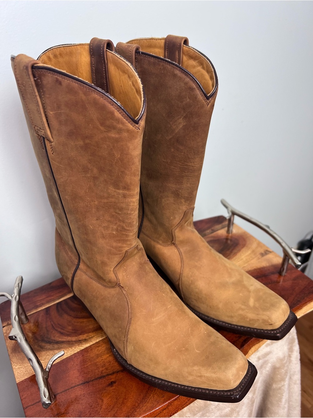 Rudel Rogers Western Tan Distressed Leather Square Toe Cowboy Boots Men’s USA 8E